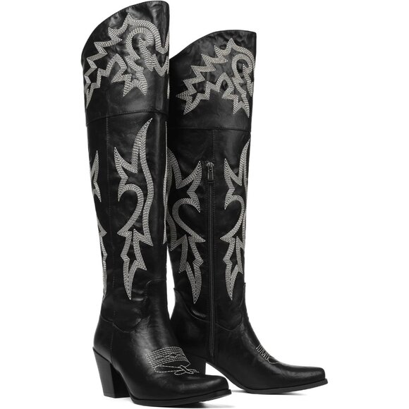 Women Black Pu Polyurethane Thigh High Embroidered Pointed Toe Chunky Heels Boot - Picture 1 of 6